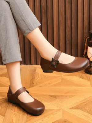 Side Daisy Buckle Leather Mary Jane - Brown