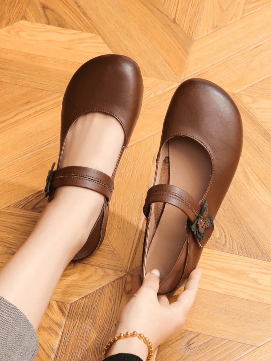 Side Daisy Buckle Leather Mary Jane - Brown