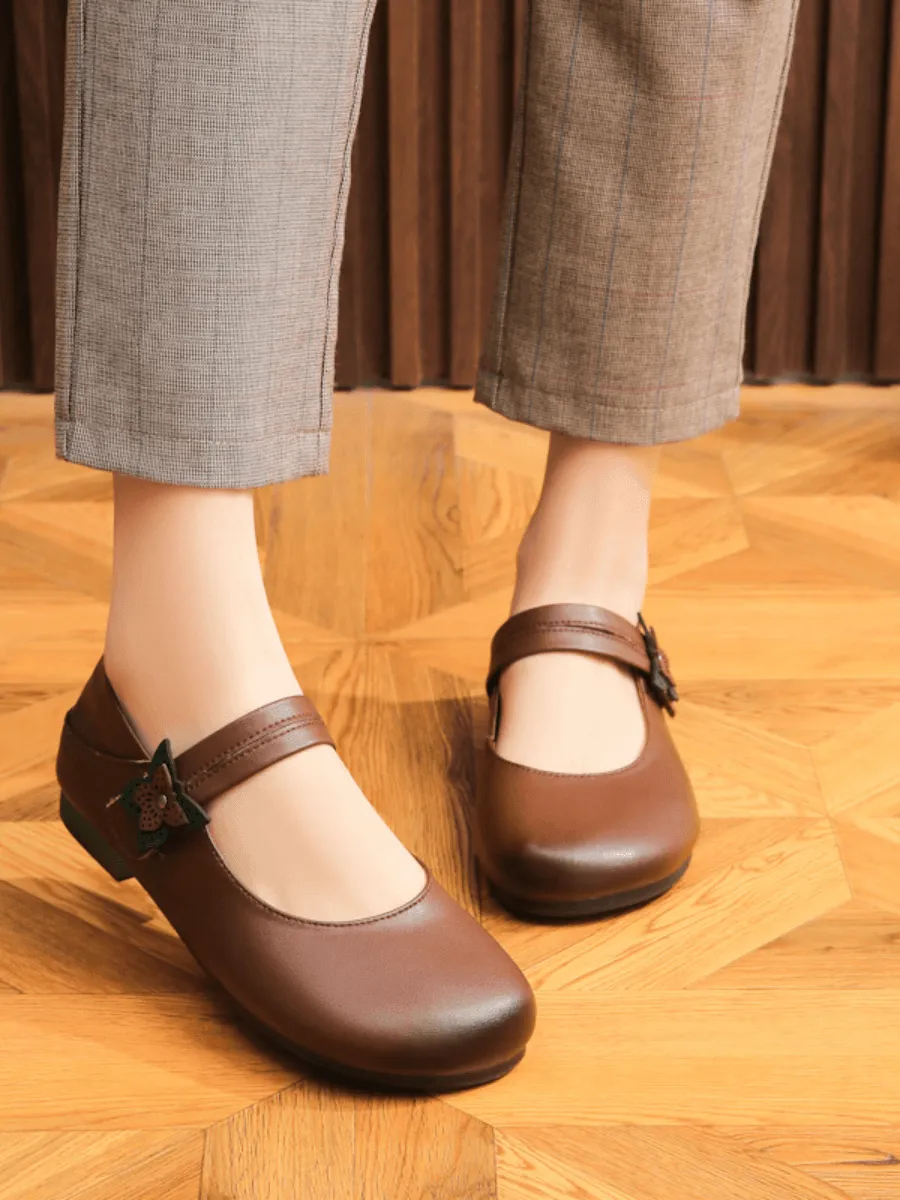 Side Daisy Buckle Leather Mary Jane - Brown