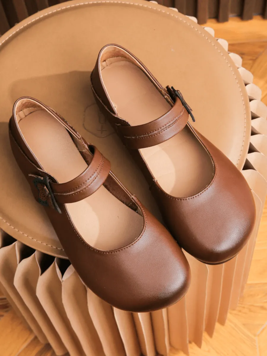 Side Daisy Buckle Leather Mary Jane - Brown