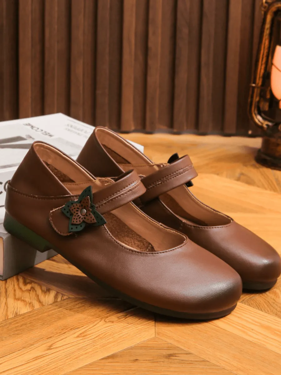 Side Daisy Buckle Leather Mary Jane - Brown