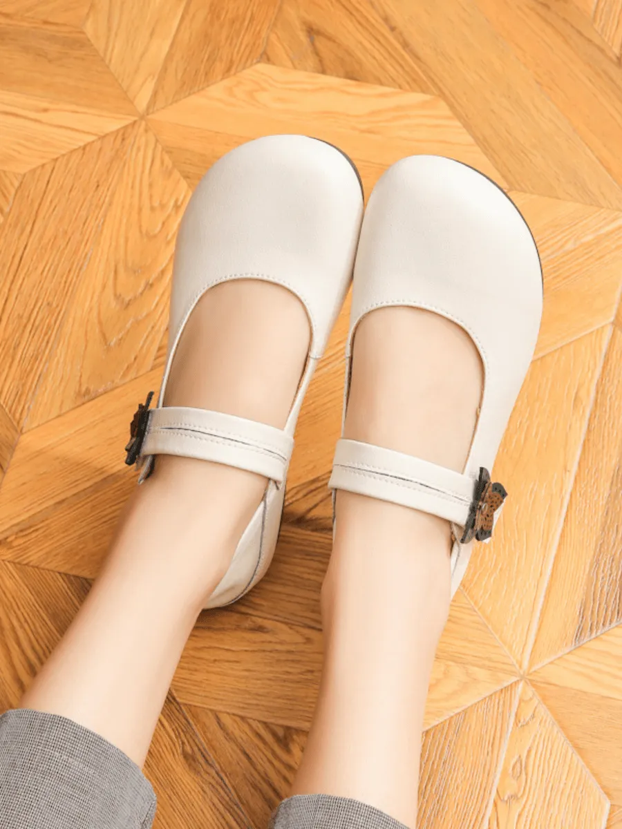 Side Daisy Buckle Leather Mary Jane - Cream
