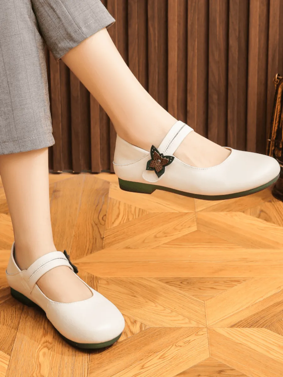 Side Daisy Buckle Leather Mary Jane - Cream