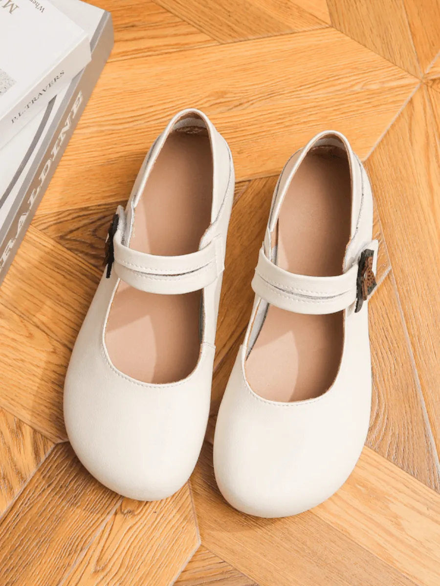 Side Daisy Buckle Leather Mary Jane - Cream