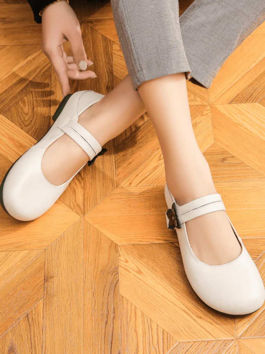Side Daisy Buckle Leather Mary Jane - Cream