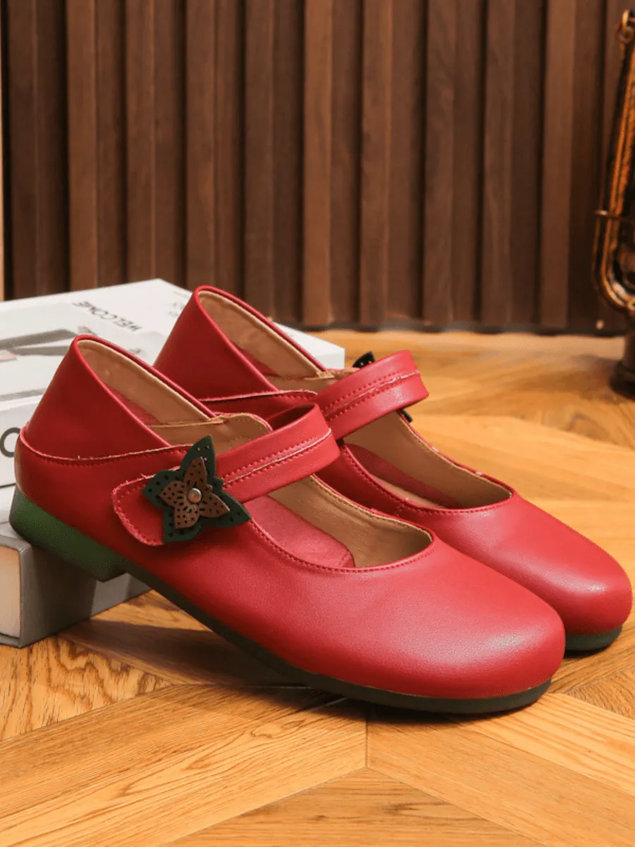 Side Daisy Buckle Leather Mary Jane - Red