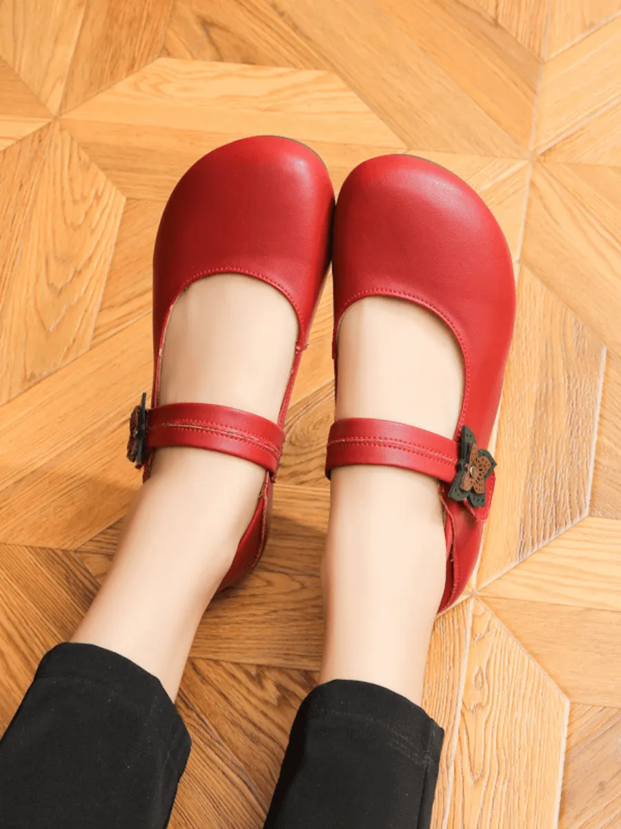 Side Daisy Buckle Leather Mary Jane - Red