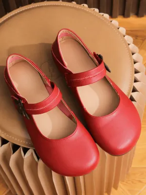 Side Daisy Buckle Leather Mary Jane - Red