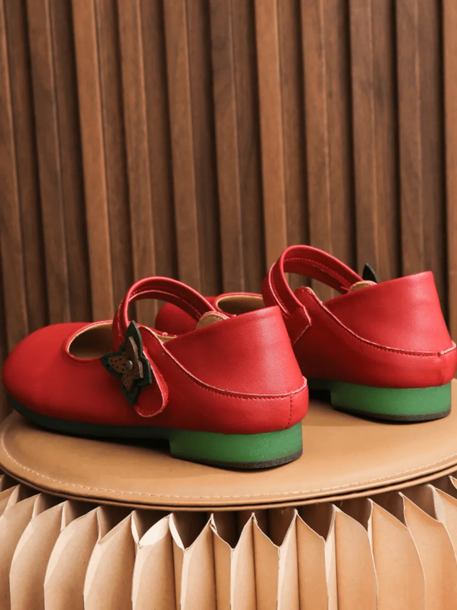 Side Daisy Buckle Leather Mary Jane - Red