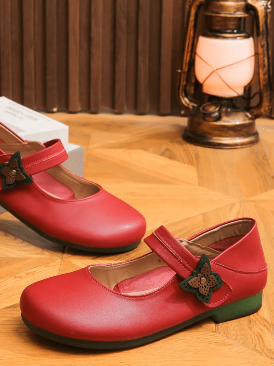 Side Daisy Buckle Leather Mary Jane - Red