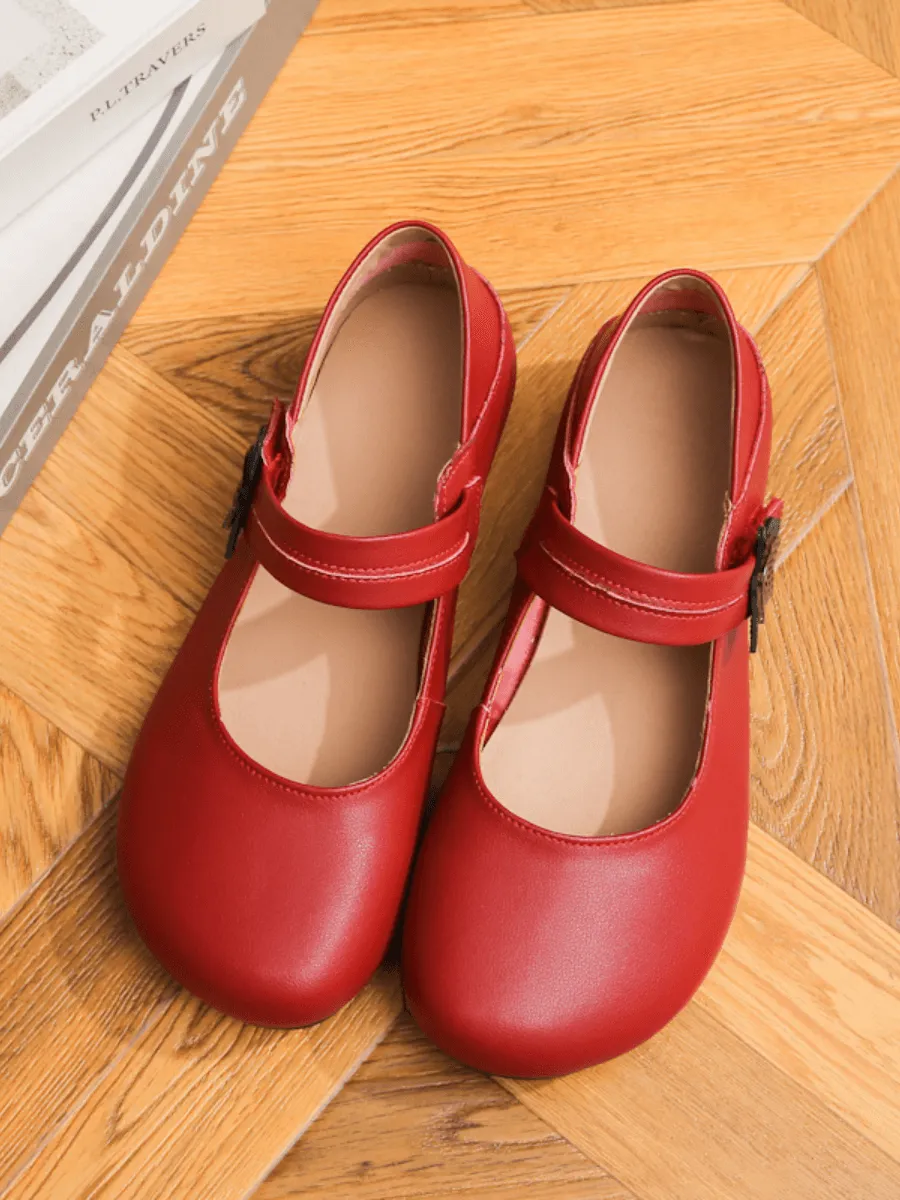 Side Daisy Buckle Leather Mary Jane - Red