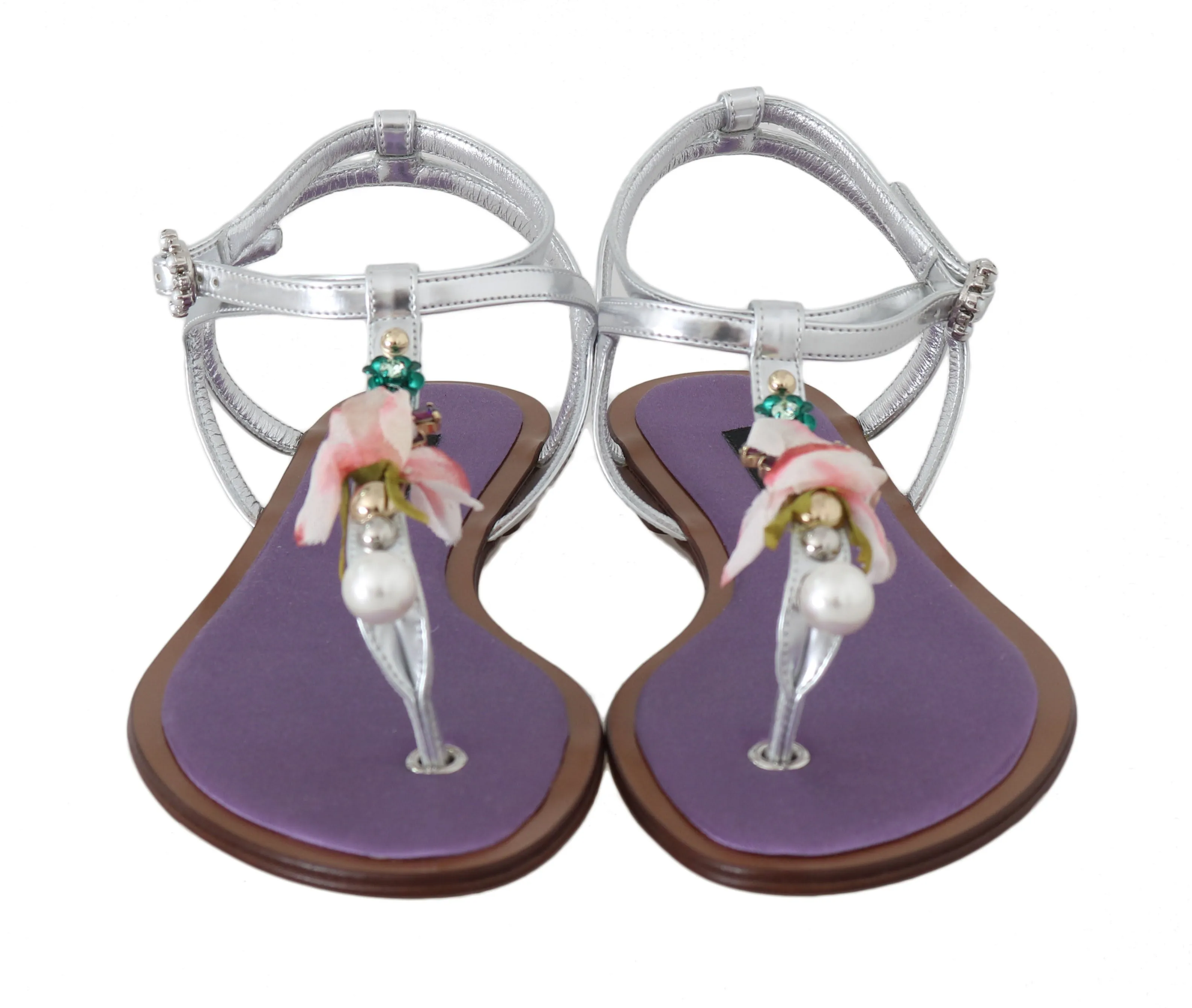 Silver Leather Floral Flat Sandals