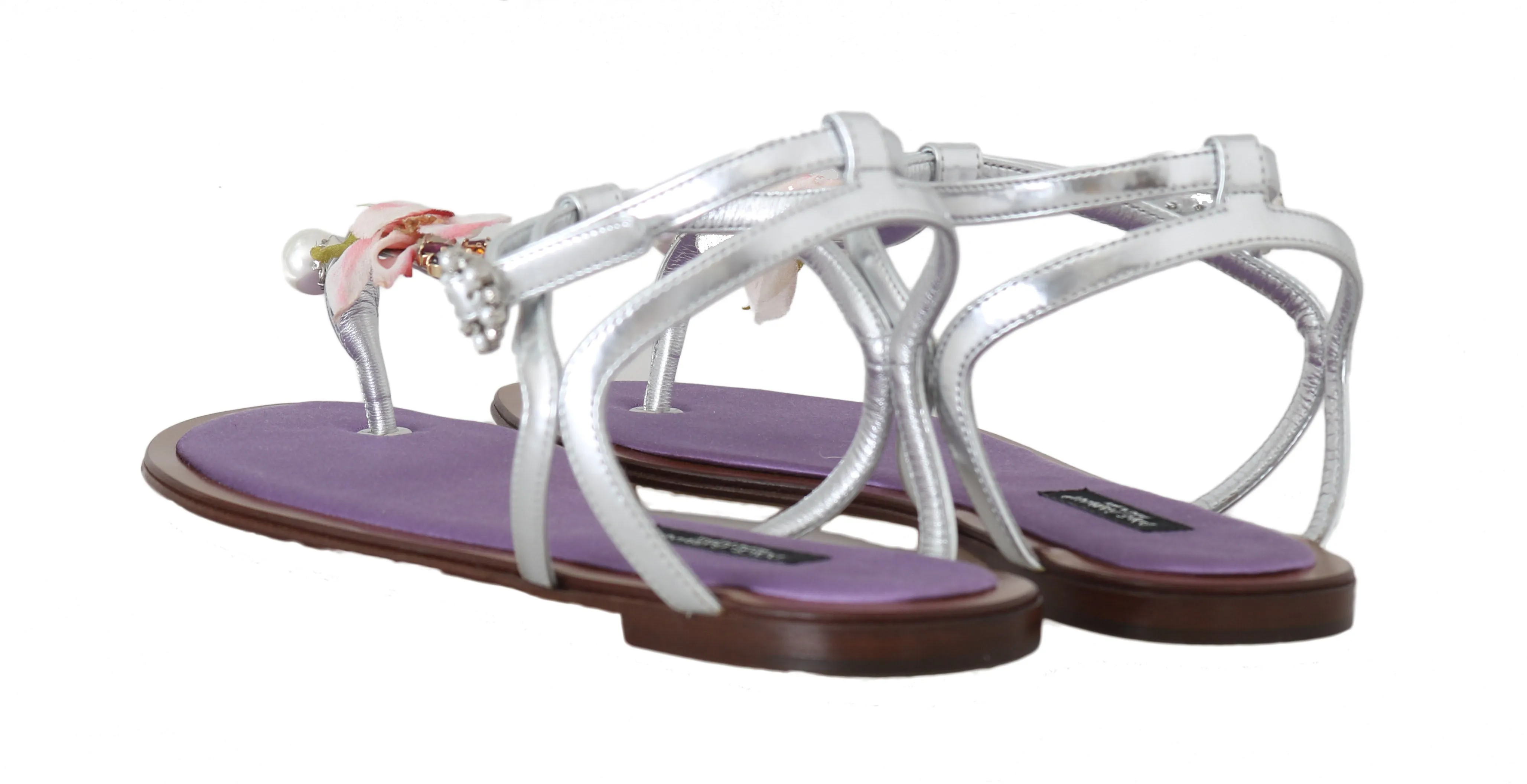 Silver Leather Floral Flat Sandals