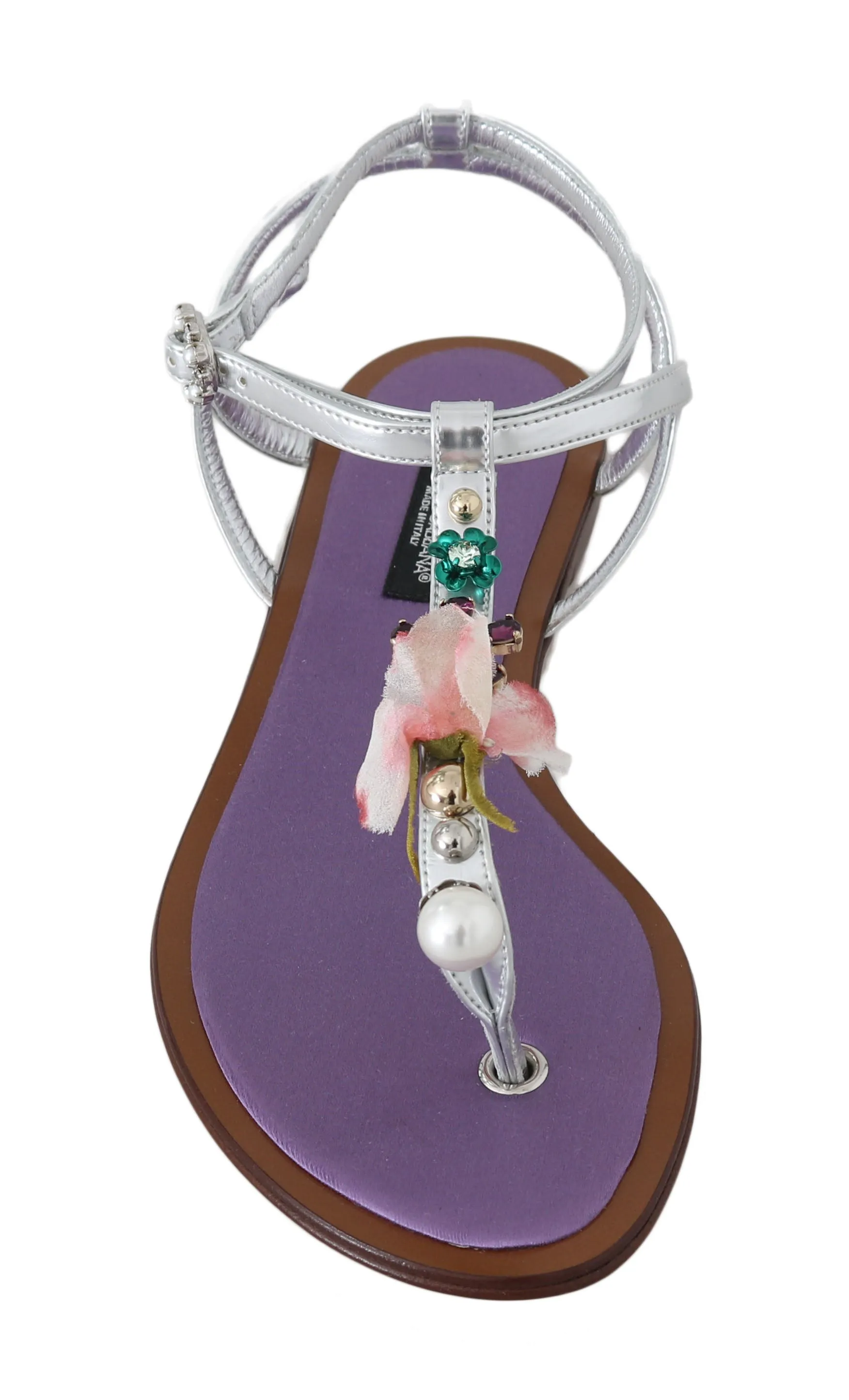 Silver Leather Floral Flat Sandals