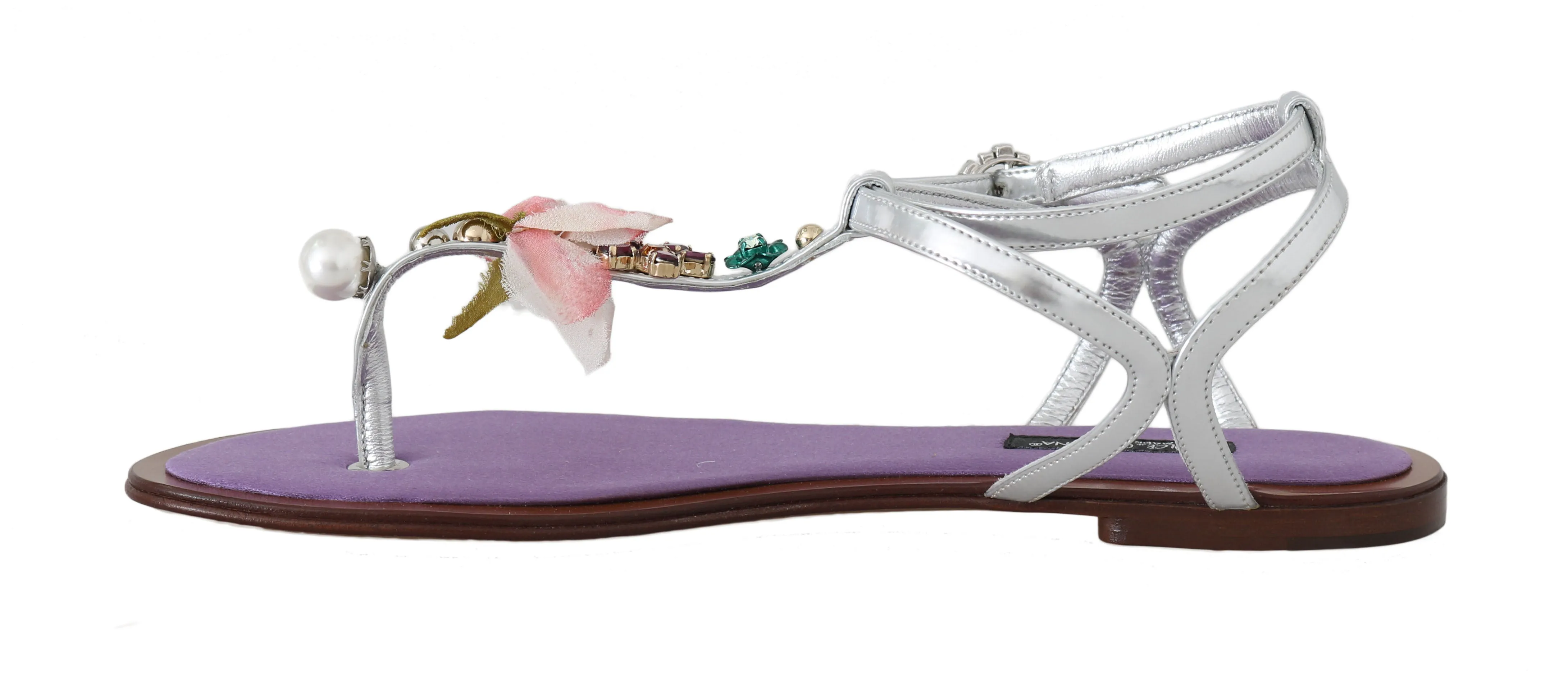 Silver Leather Floral Flat Sandals