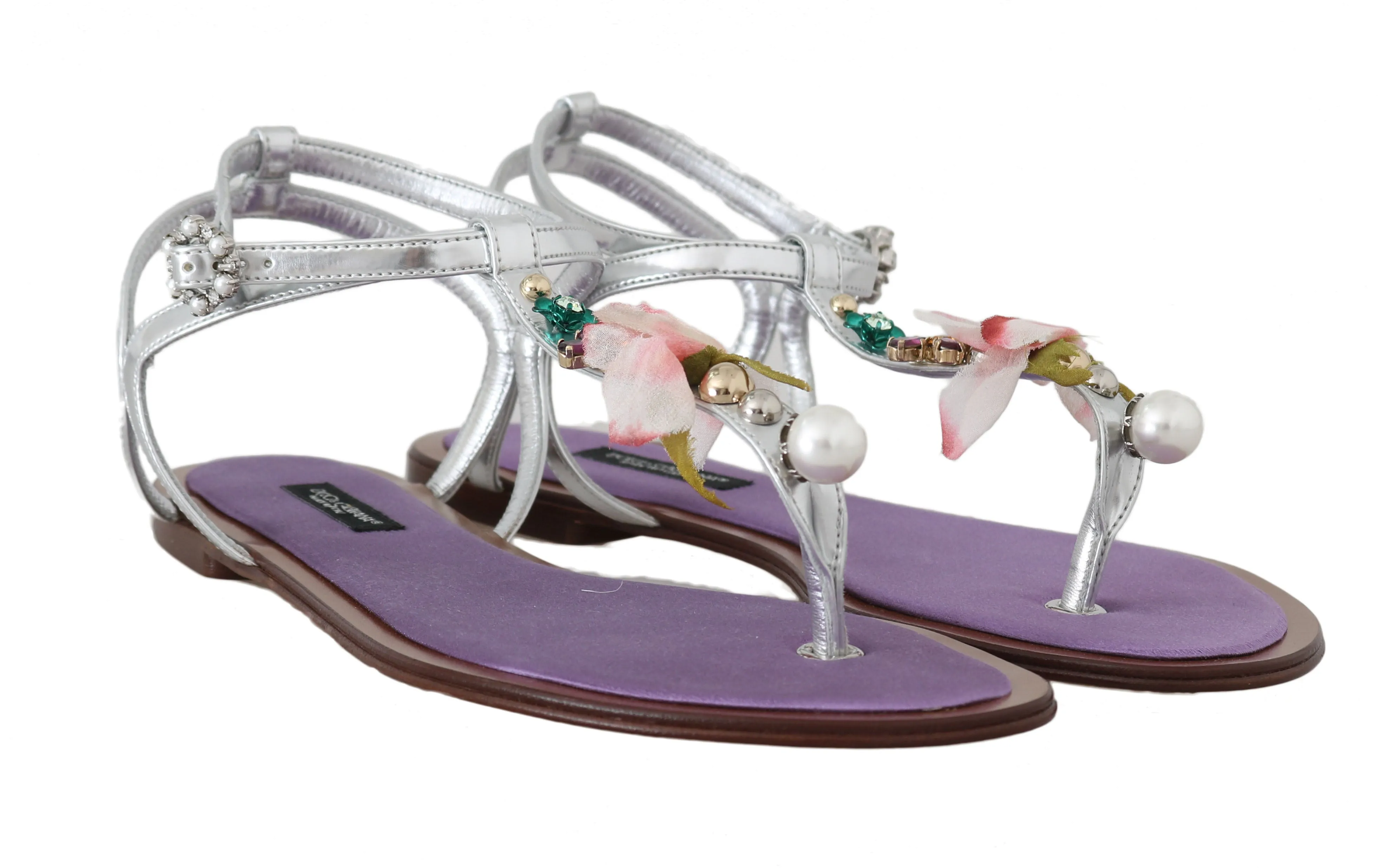 Silver Leather Floral Flat Sandals