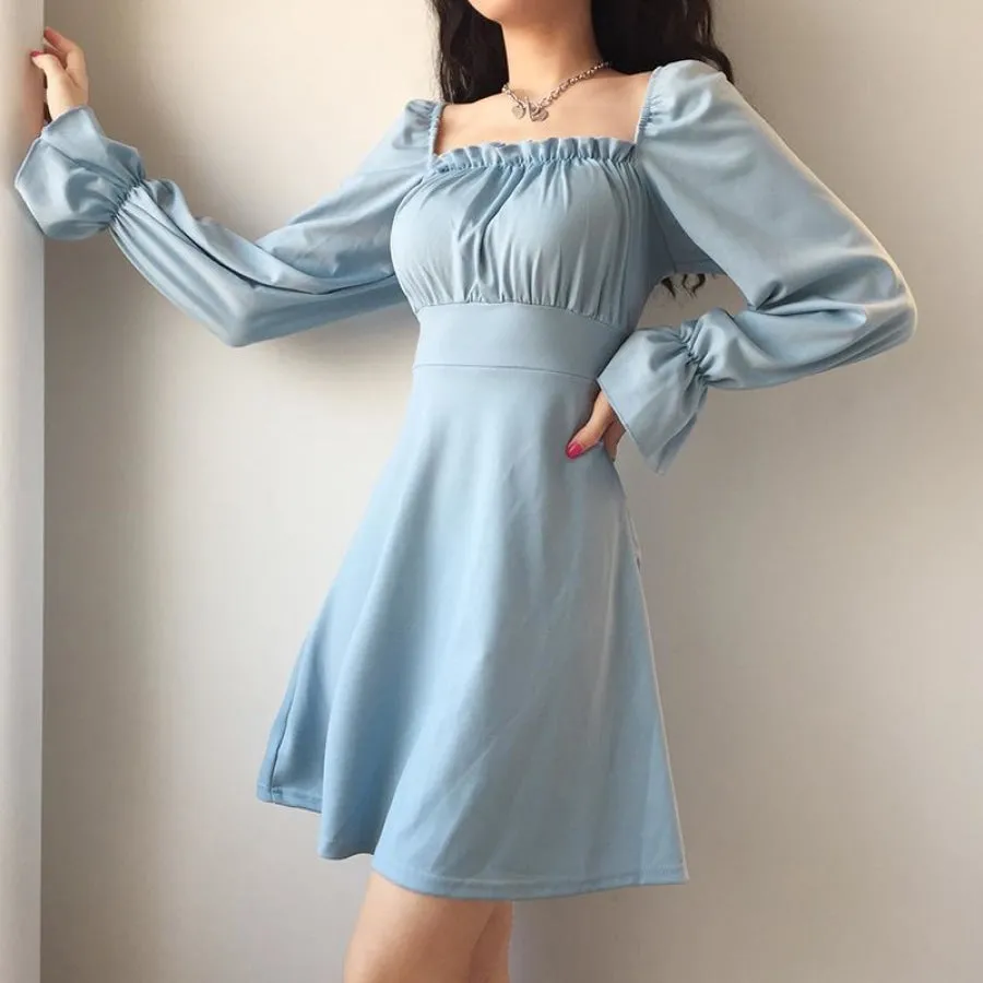 Simple & Hipster Touch Solid Square Collar Lace UP Dress