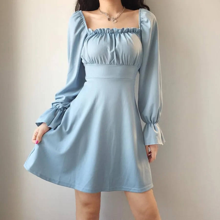 Simple & Hipster Touch Solid Square Collar Lace UP Dress