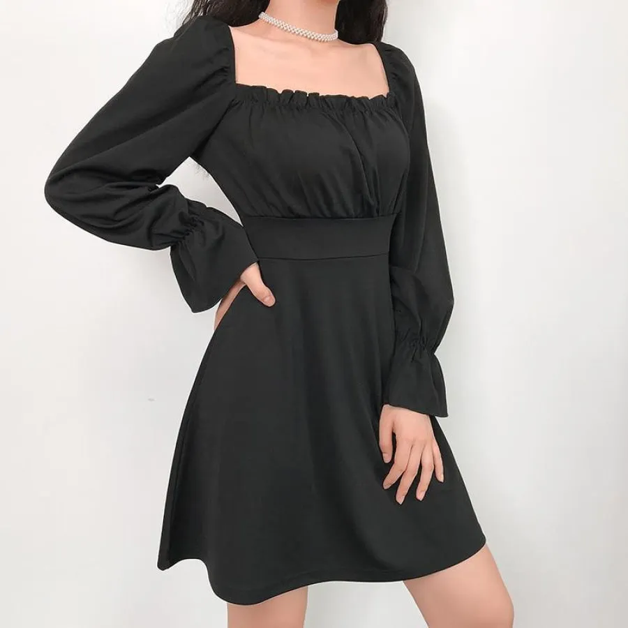 Simple & Hipster Touch Solid Square Collar Lace UP Dress