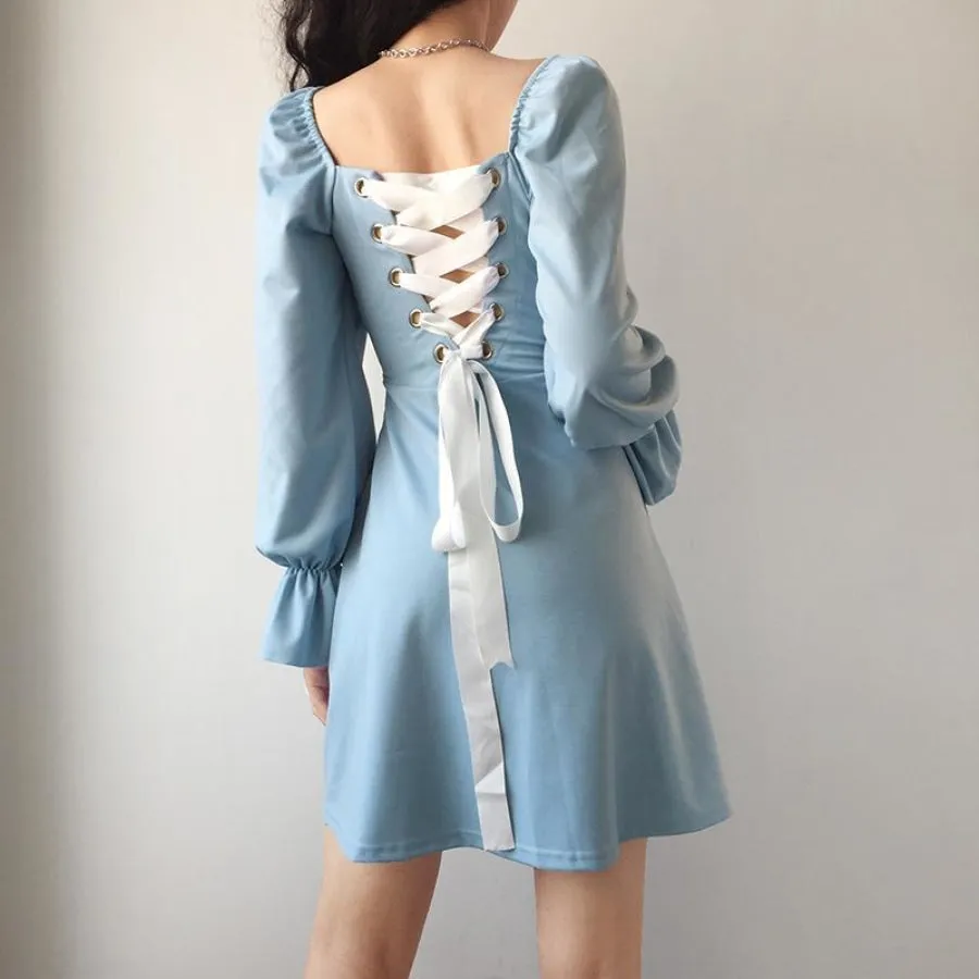 Simple & Hipster Touch Solid Square Collar Lace UP Dress