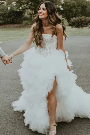 Sleeveless A-Line Strapless Sweep Train Wedding Dress with Appliques Split OHD048