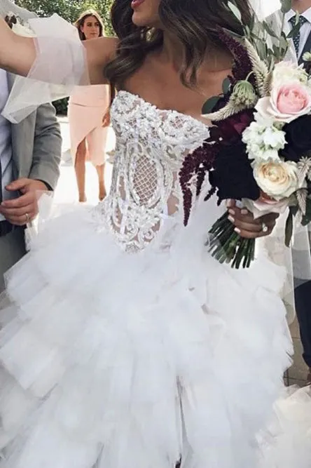 Sleeveless A-Line Strapless Sweep Train Wedding Dress with Appliques Split OHD048