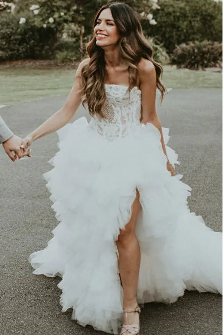 Sleeveless A-Line Strapless Sweep Train Wedding Dress with Appliques Split OHD048