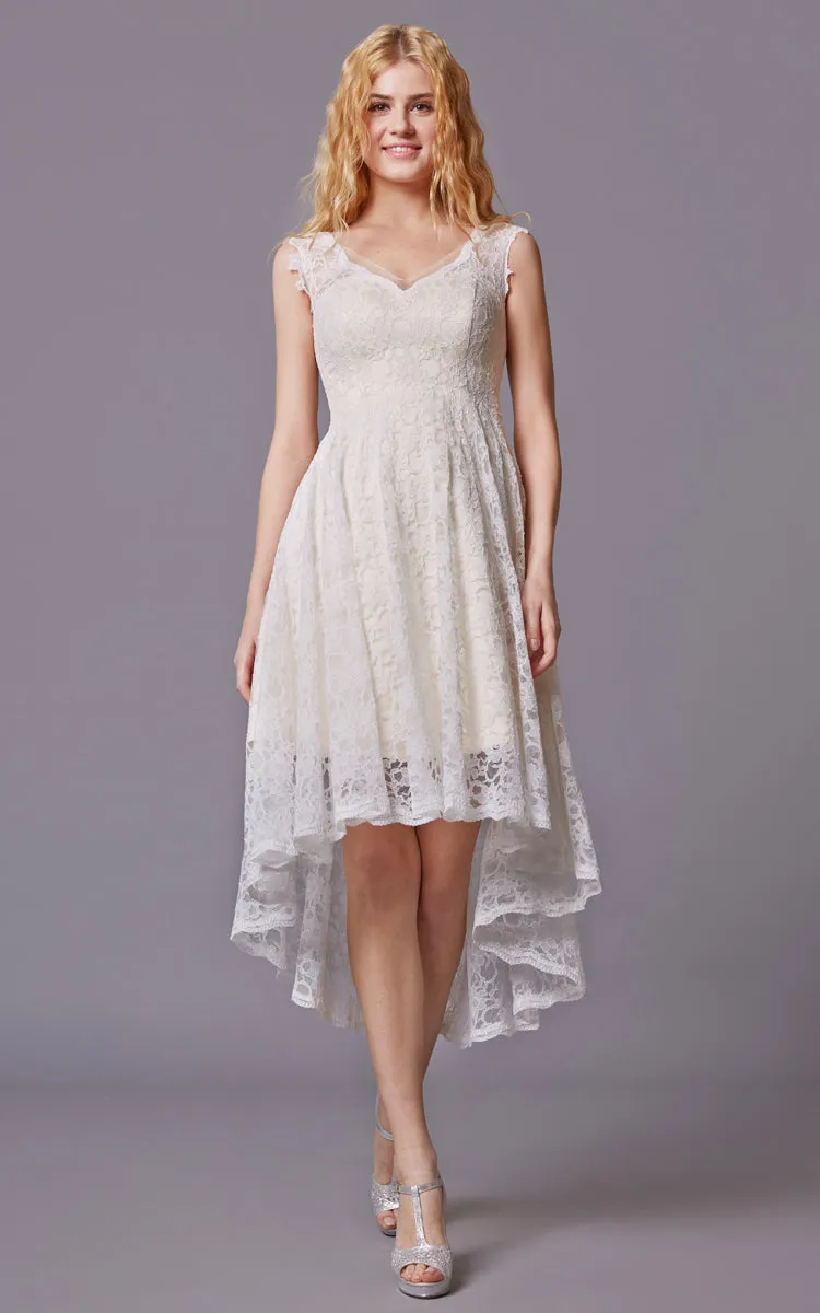Sleeveless High Low Lace Bridesmaid Dress With V-neck-ZP_101610