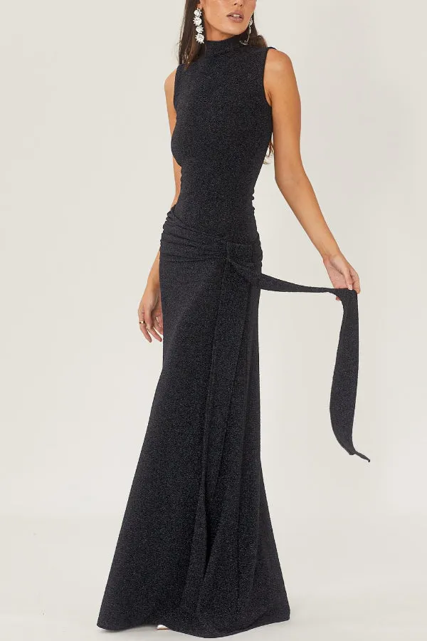 Slim High-neck Spliced Ribbon Shiny Maxi Dress