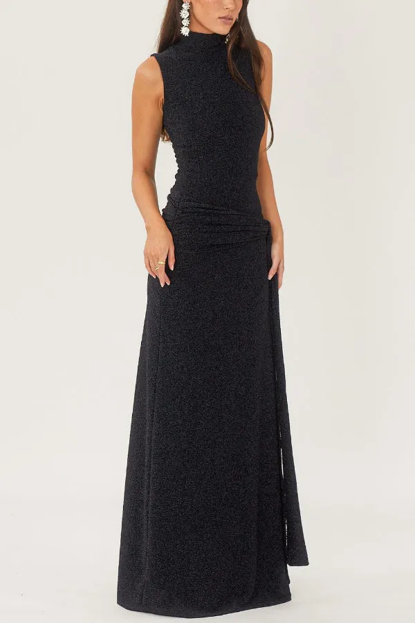 Slim High-neck Spliced Ribbon Shiny Maxi Dress