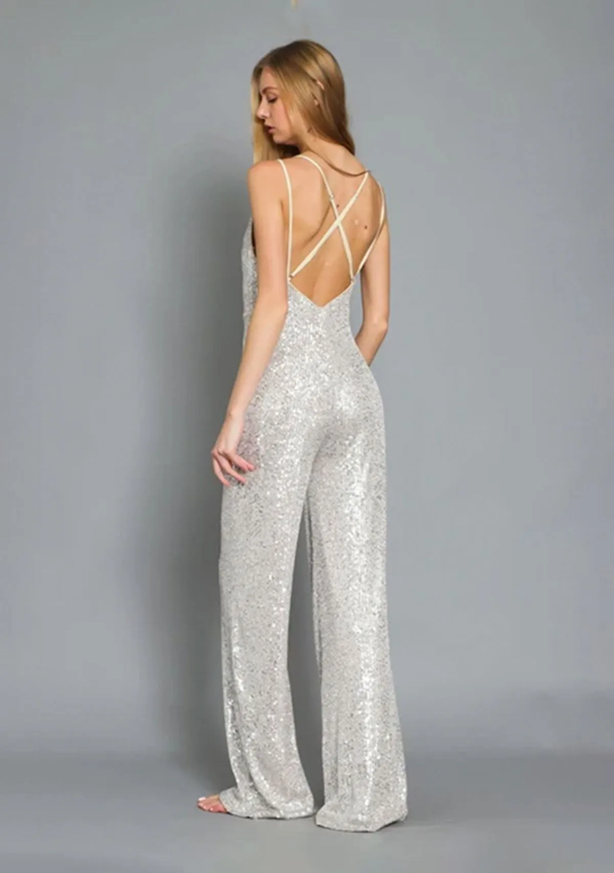 Slvls Cross Back Sequin Jumpsuit Silver/Nude
