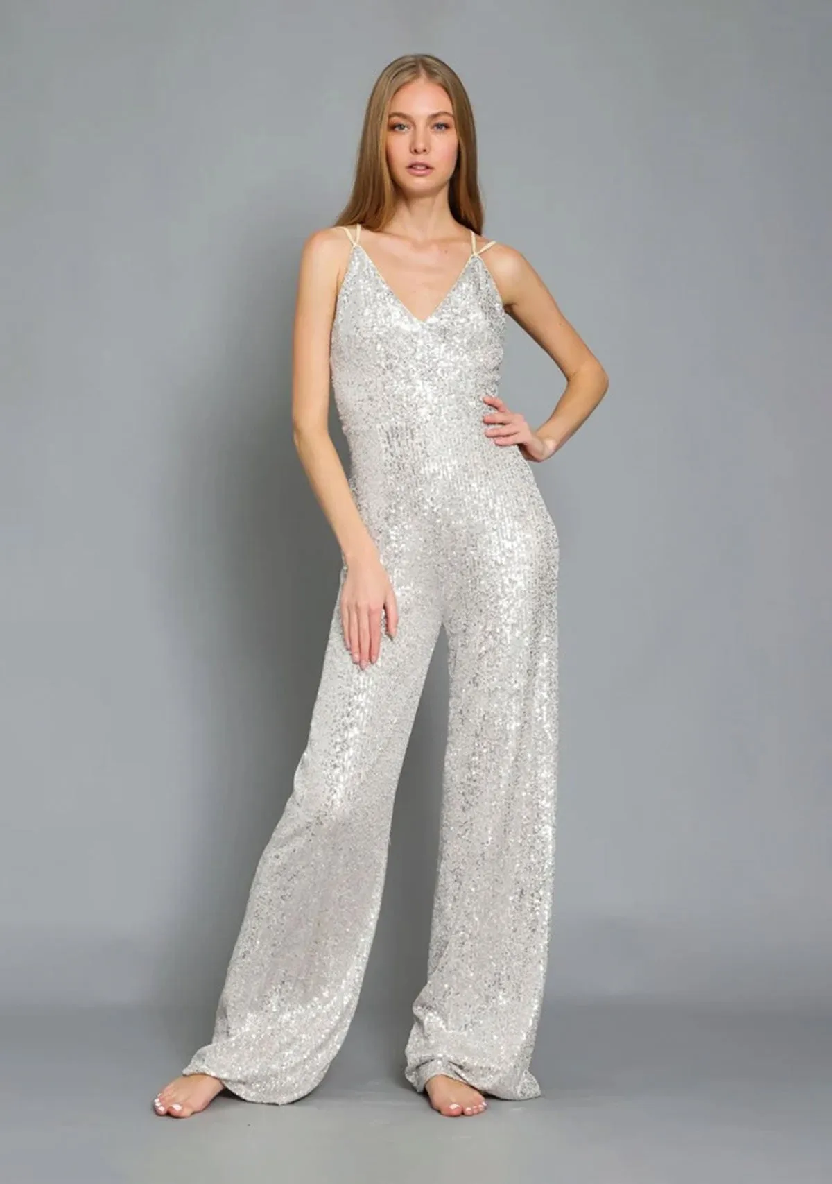Slvls Cross Back Sequin Jumpsuit Silver/Nude