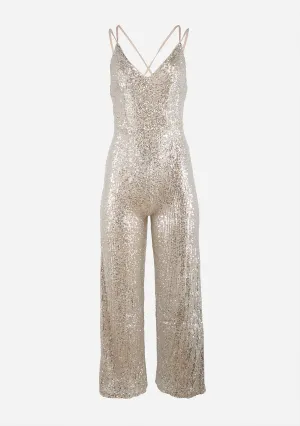 Slvls Cross Back Sequin Jumpsuit Silver/Nude