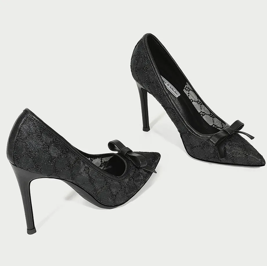 Small Size Lace Mesh Dress Heels With Bow (3/6/8/10cm heel)GS374