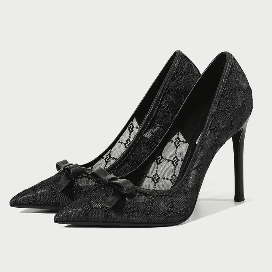 Small Size Lace Mesh Dress Heels With Bow (3/6/8/10cm heel)GS374