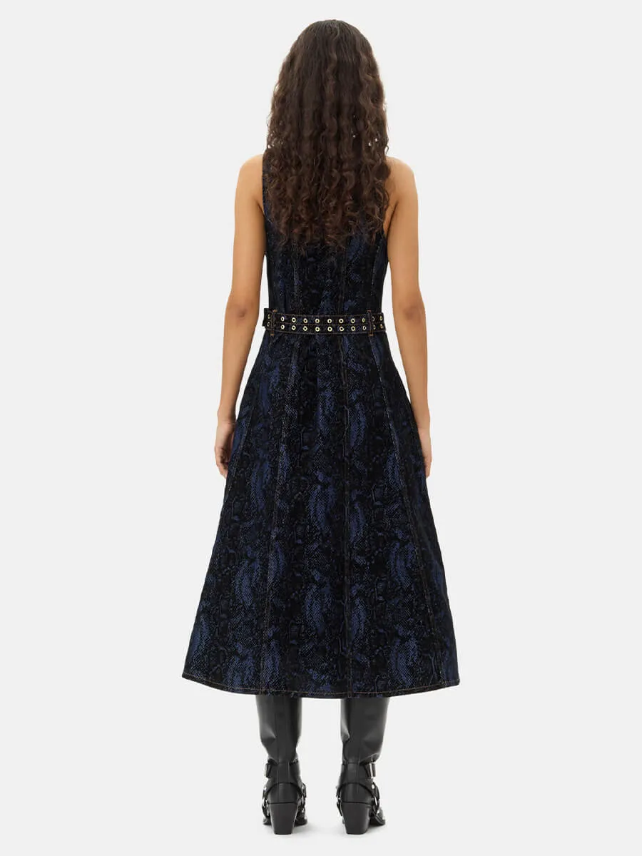 Snake Print Denim Midi Dress