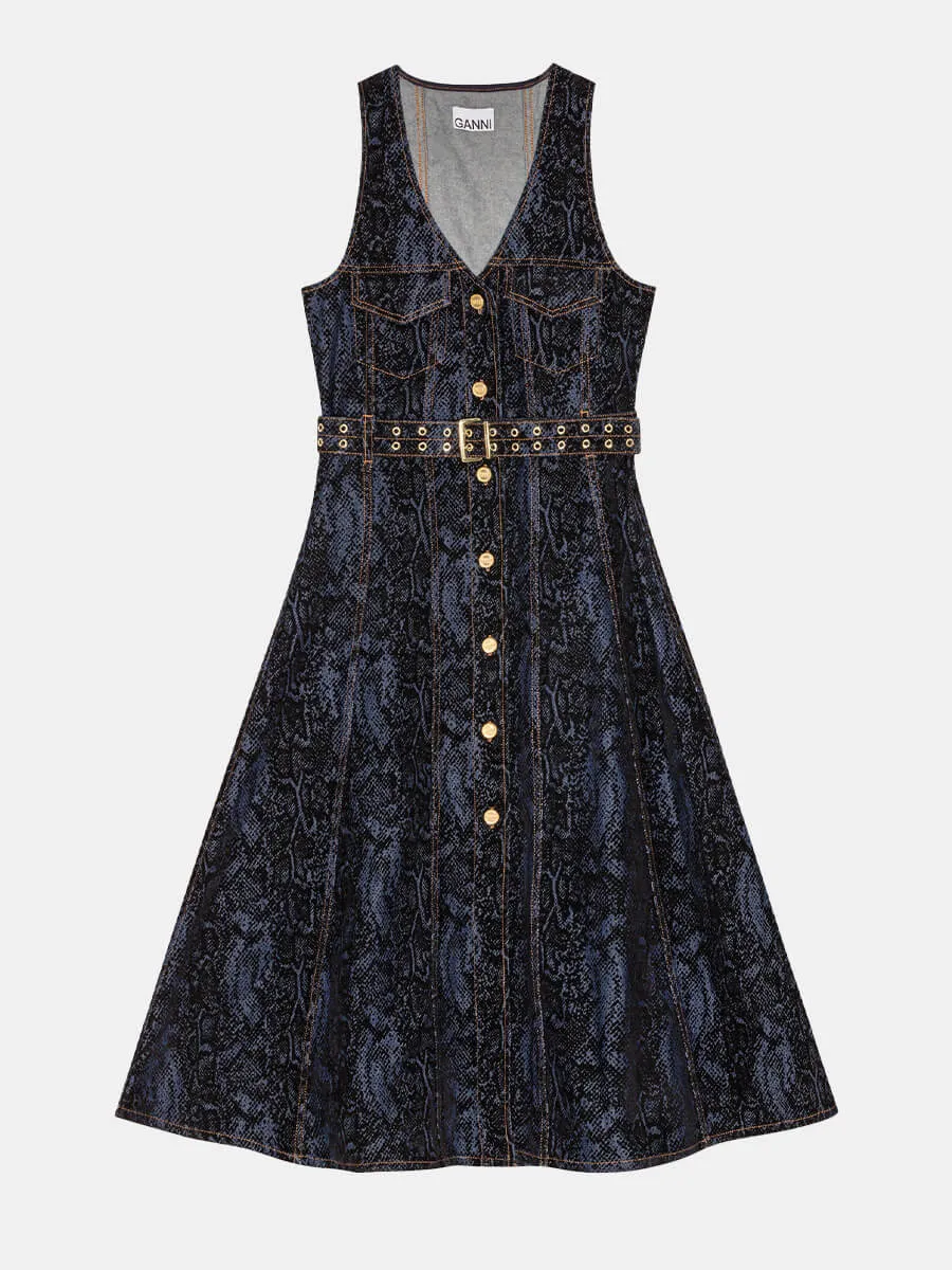 Snake Print Denim Midi Dress