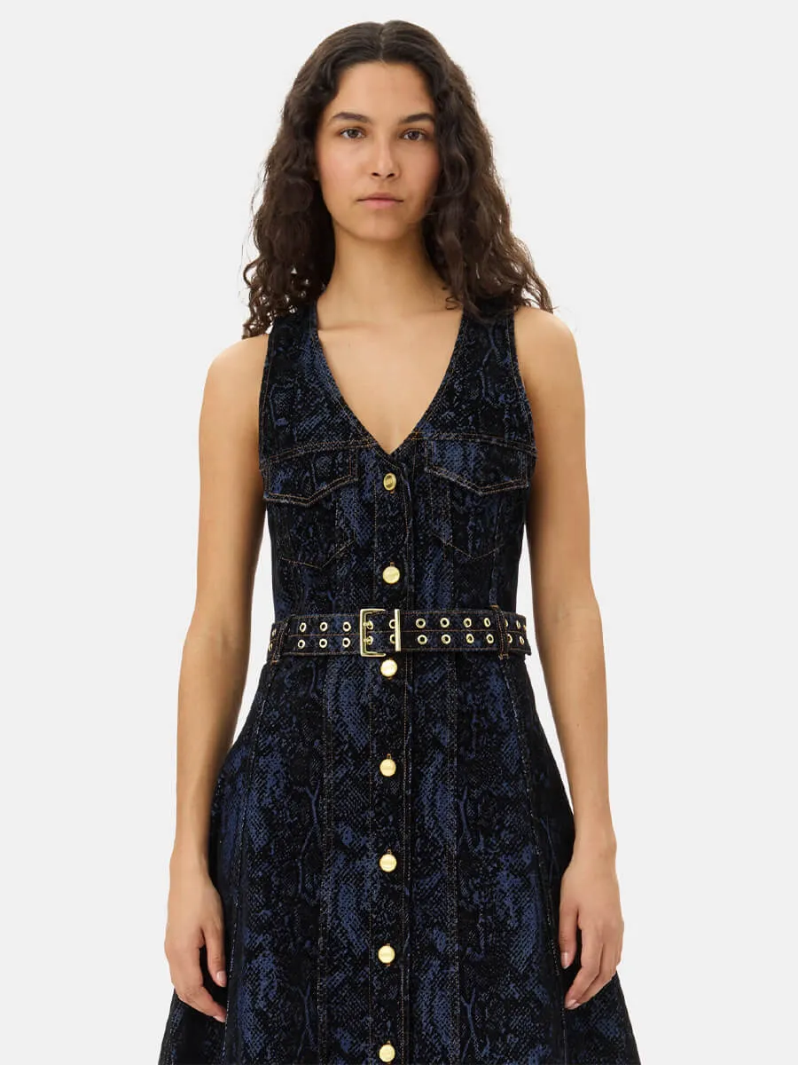 Snake Print Denim Midi Dress
