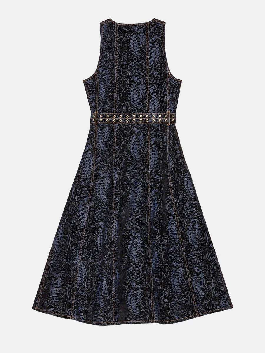 Snake Print Denim Midi Dress