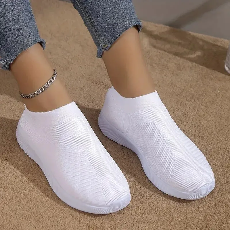 Solid Color Mesh Sneakers – Flying Woven Walking Fashion Slip-on Flat Shoes for Sports, Running, and Tennis