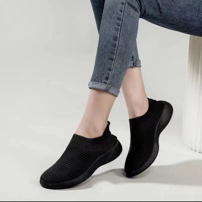 Solid Color Mesh Sneakers – Flying Woven Walking Fashion Slip-on Flat Shoes for Sports, Running, and Tennis