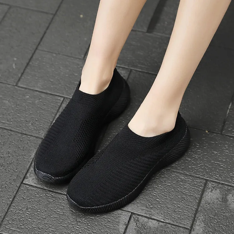 Solid Color Mesh Sneakers – Flying Woven Walking Fashion Slip-on Flat Shoes for Sports, Running, and Tennis
