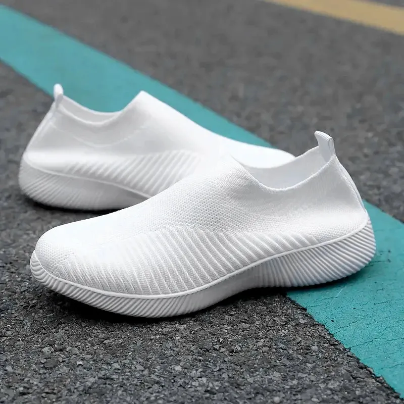 Solid Color Mesh Sneakers – Flying Woven Walking Fashion Slip-on Flat Shoes for Sports, Running, and Tennis