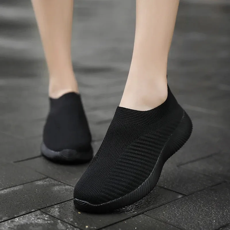 Solid Color Mesh Sneakers – Flying Woven Walking Fashion Slip-on Flat Shoes for Sports, Running, and Tennis