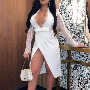 Solid Deep V-Neck Lace Patchwork High Slit Dress