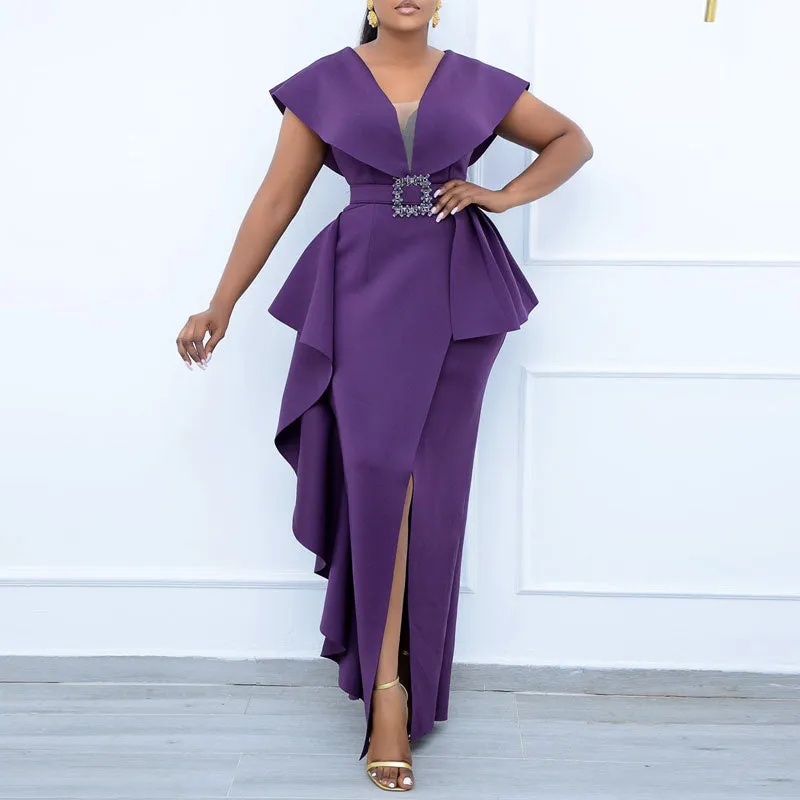 Solid Deep V-Neck Sleeveless High Slit  Maxi Dress