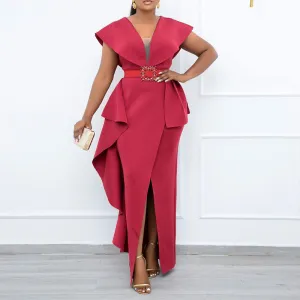 Solid Deep V-Neck Sleeveless High Slit  Maxi Dress