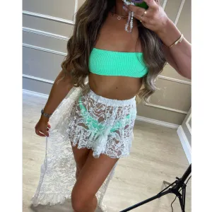 Solid High Waist Lace See Through Irregular Skirt