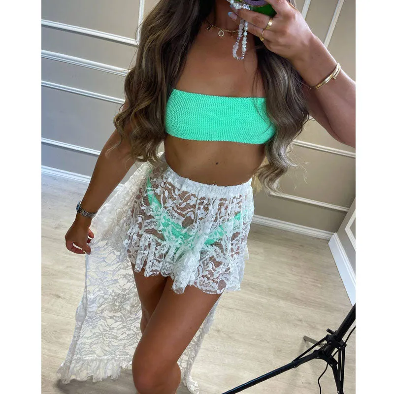 Solid High Waist Lace See Through Irregular Skirt