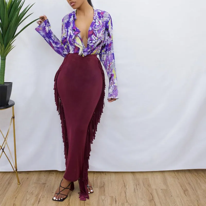 Solid High Waist Tassel Design Skirt